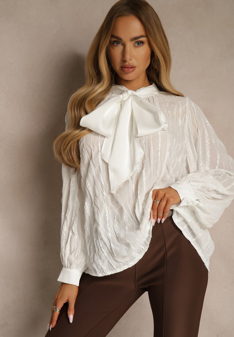 elsa.m by may Bluză Albă Texturată cu croială tip cămașă cu legătură decorativă Sepalea