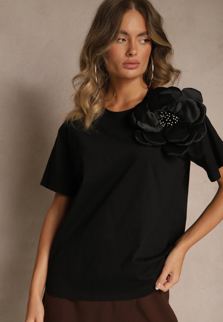 elsa.m by may Bluză Casual Neagră din bumbac decorată cu floare 3D și zirconii Renvia
