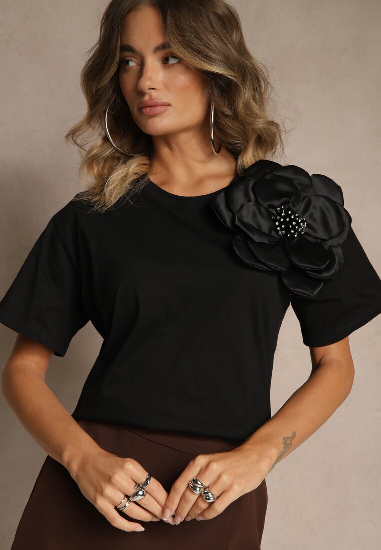 elsa.m by may Bluză Casual Neagră din bumbac decorată cu floare 3D și zirconii Renvia