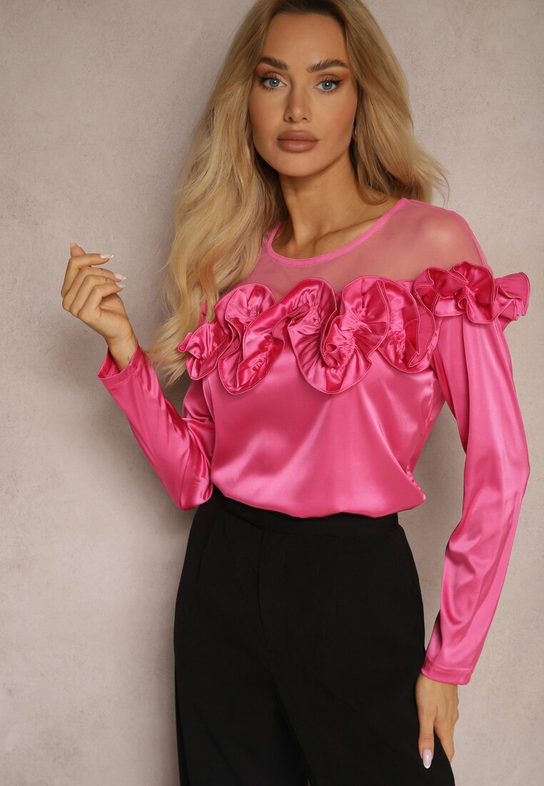 elsa.m by may Bluză fucsia de satin cu plasă și volane Faelira