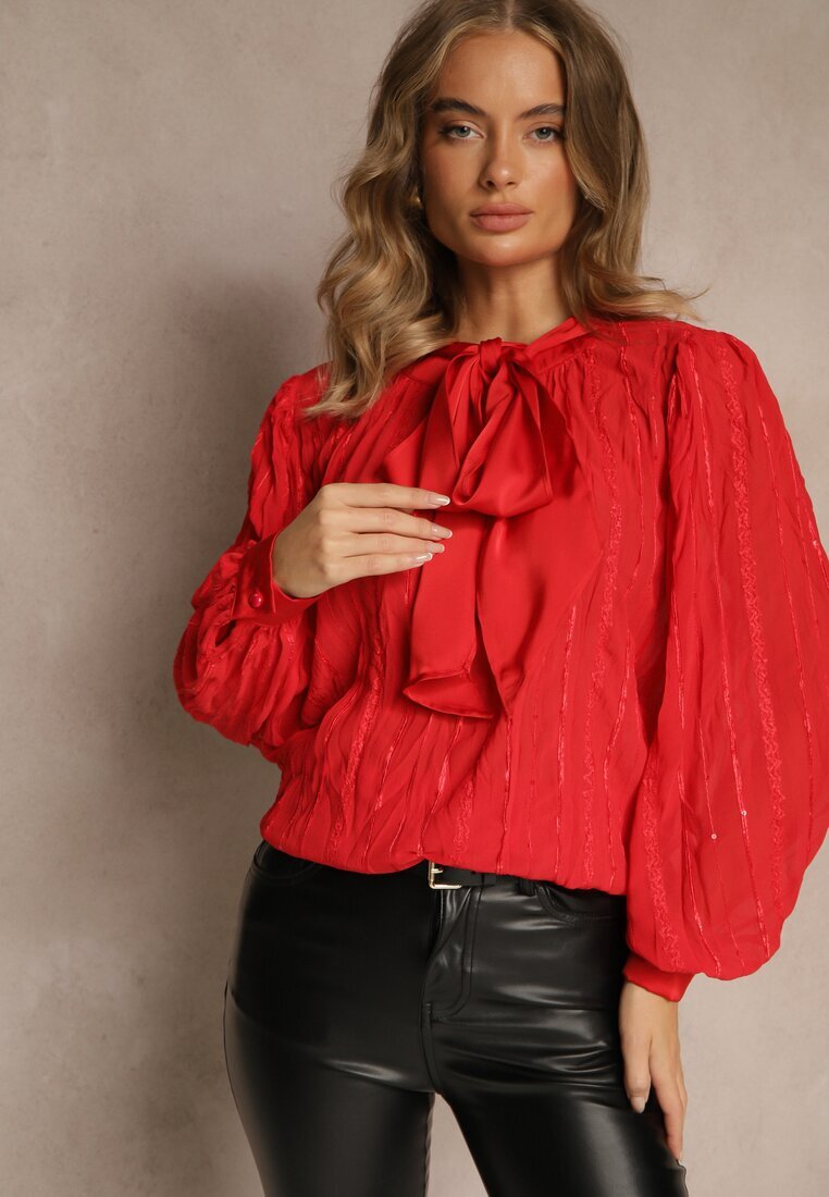 elsa.m by may Bluză Roșie Embosată cu croială tip cămașă cu legătură decorativă Sepalea