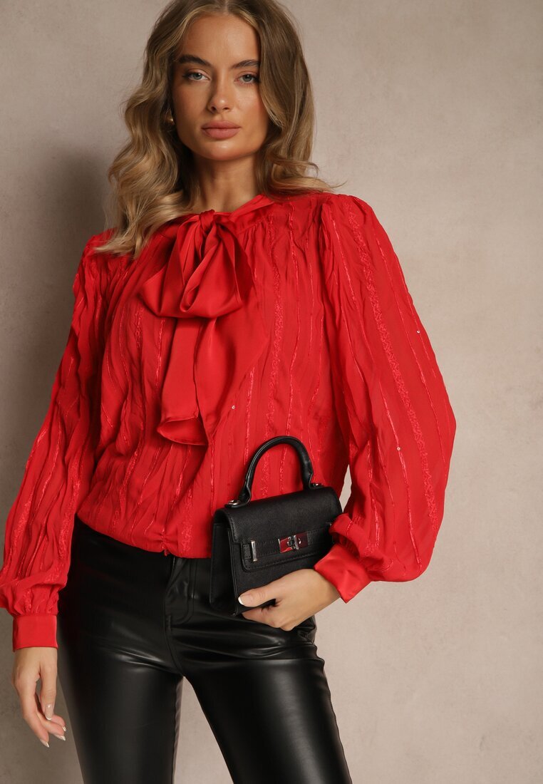 elsa.m by may Bluză Roșie Embosată cu croială tip cămașă cu legătură decorativă Sepalea