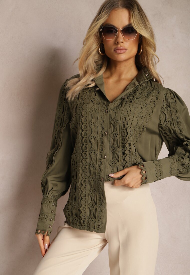 elsa.m by may Cămașă Ajurată Verde închisă cu Guler tunicală Elegantă Manuella