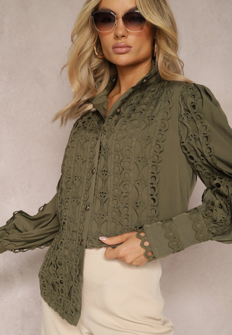 elsa.m by may Cămașă Ajurată Verde închisă cu Guler tunicală Elegantă Manuella