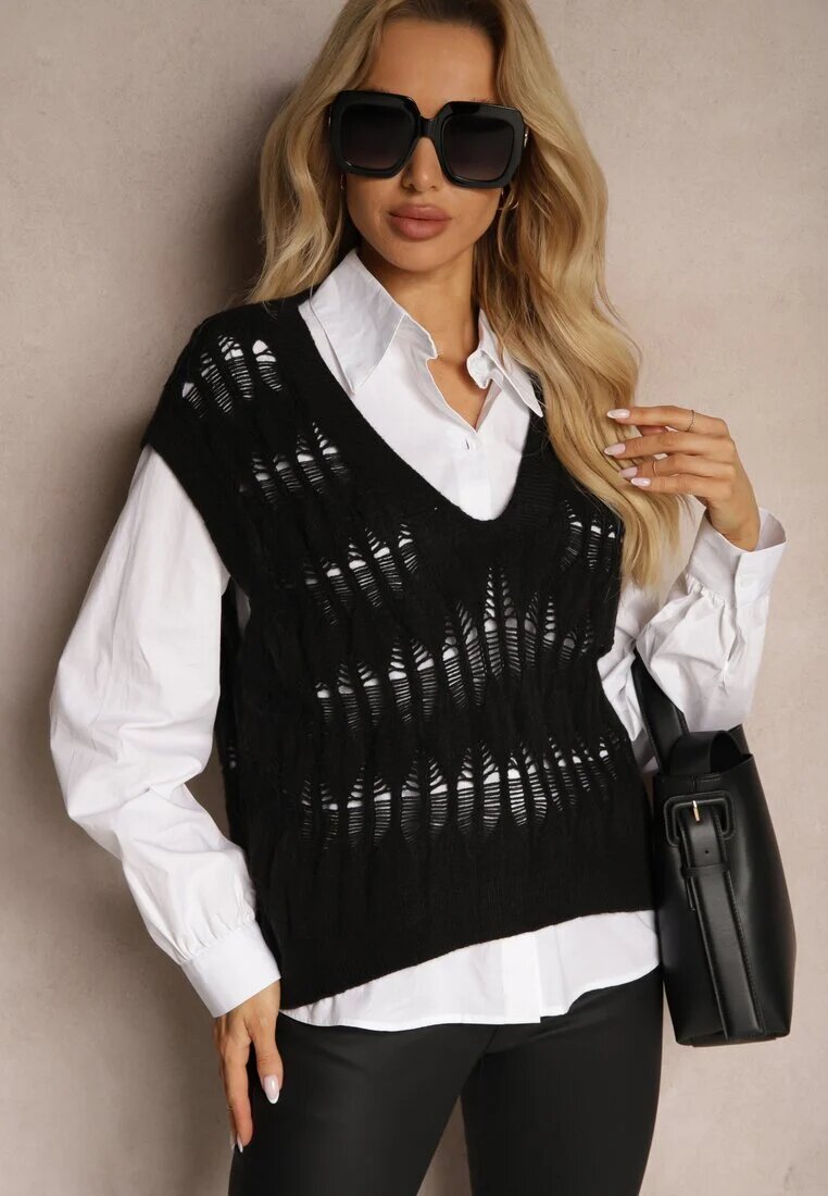 elsa.m by may Cămașă albă cu vestă pulover neagră tricotată Irithania