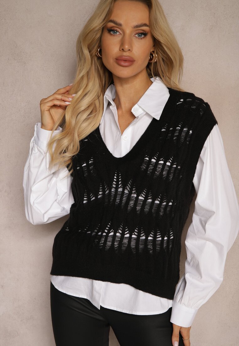 elsa.m by may Cămașă albă cu vestă pulover neagră tricotată Irithania