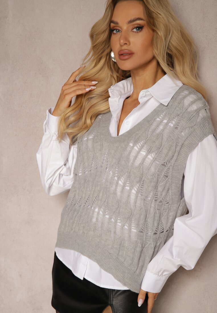 elsa.m by may Cămașă Albă cu Vestă tricotată tip pulover Gri Irithania