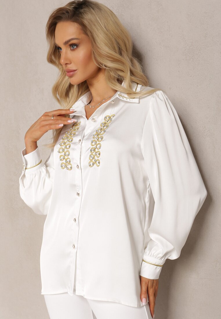 elsa.m by may Cămașă Albă din Satin cu zirconii și perle și guler Dokeria