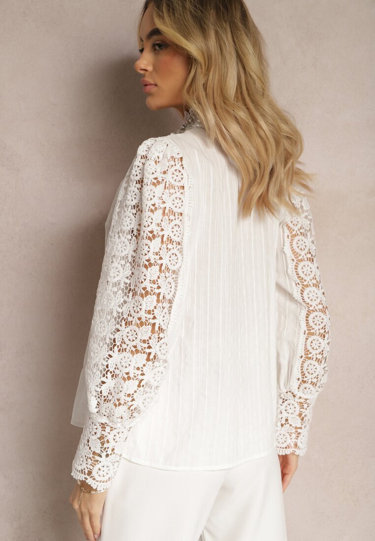 elsa.m by may Cămașă Albă Elegantă cu guler tunică decorată cu dantelă și perle Tebenia