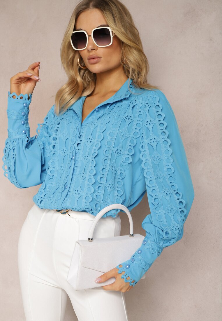 elsa.m by may Cămașă Albastră Perforată cu Guler Elegant Ridicat Manuella