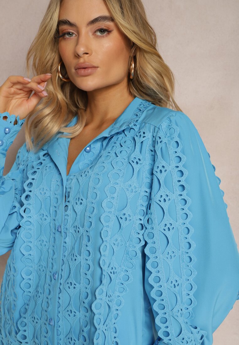 elsa.m by may Cămașă Albastră Perforată cu Guler Elegant Ridicat Manuella