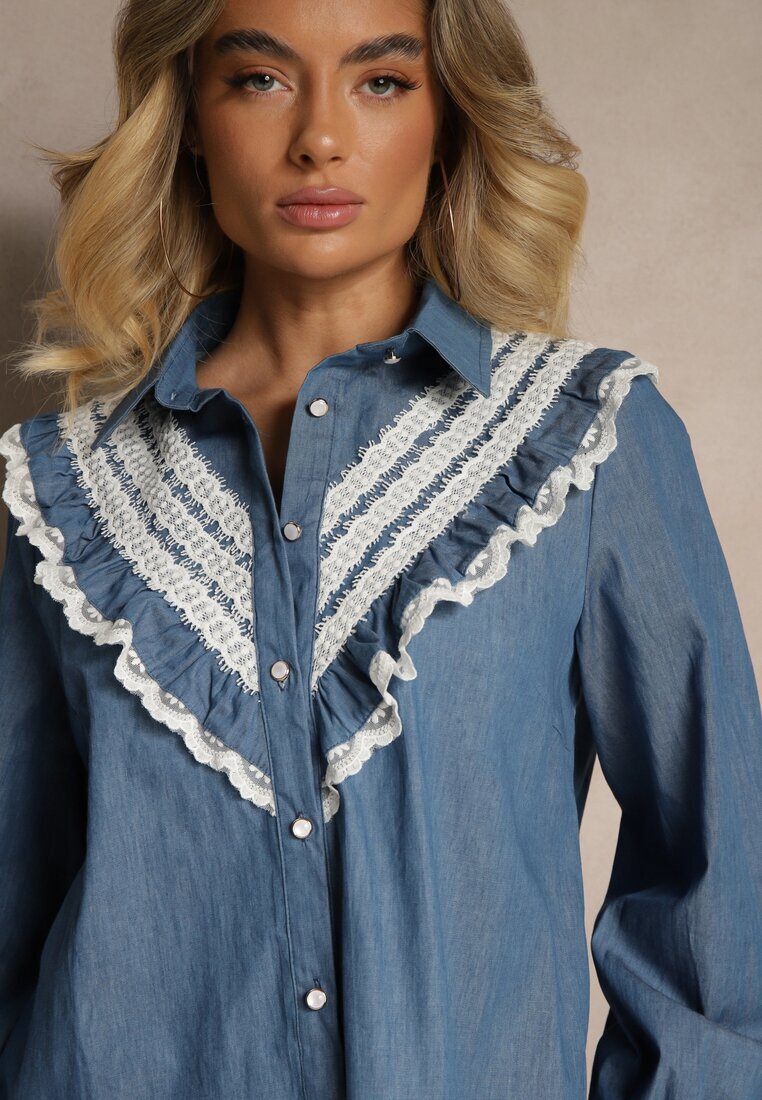 elsa.m by may Cămașă Albastră Rustică din Bumbac Decorată cu Dantelă și cu Volănașe Lisarilis