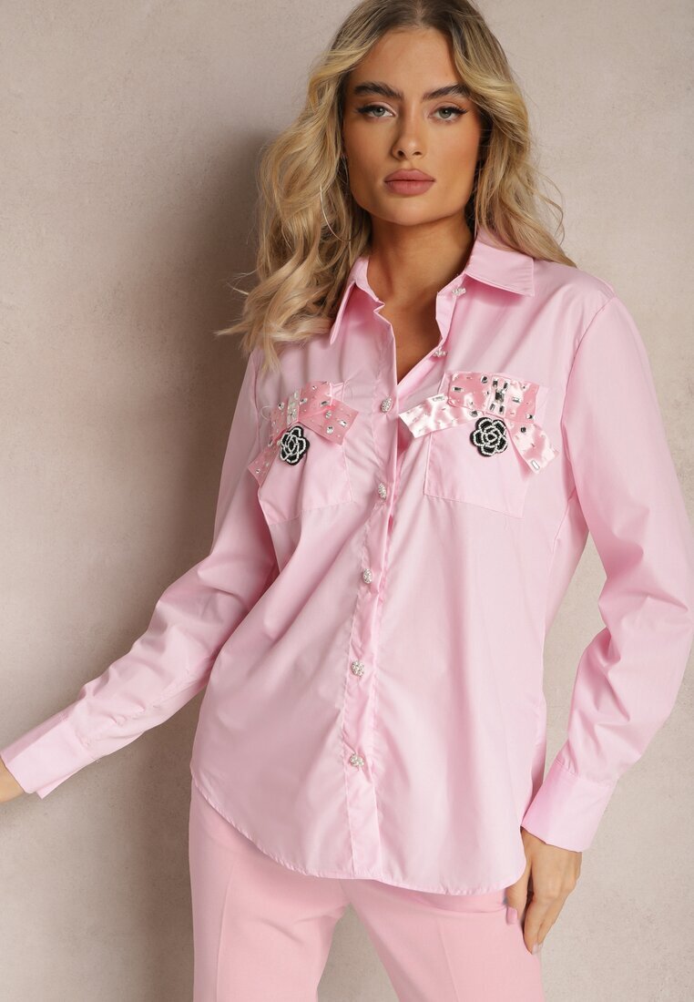 elsa.m by may Cămașă Clasic Roz cu Buzunare Decorată cu Zirconii și Detaliu Floral Herlla