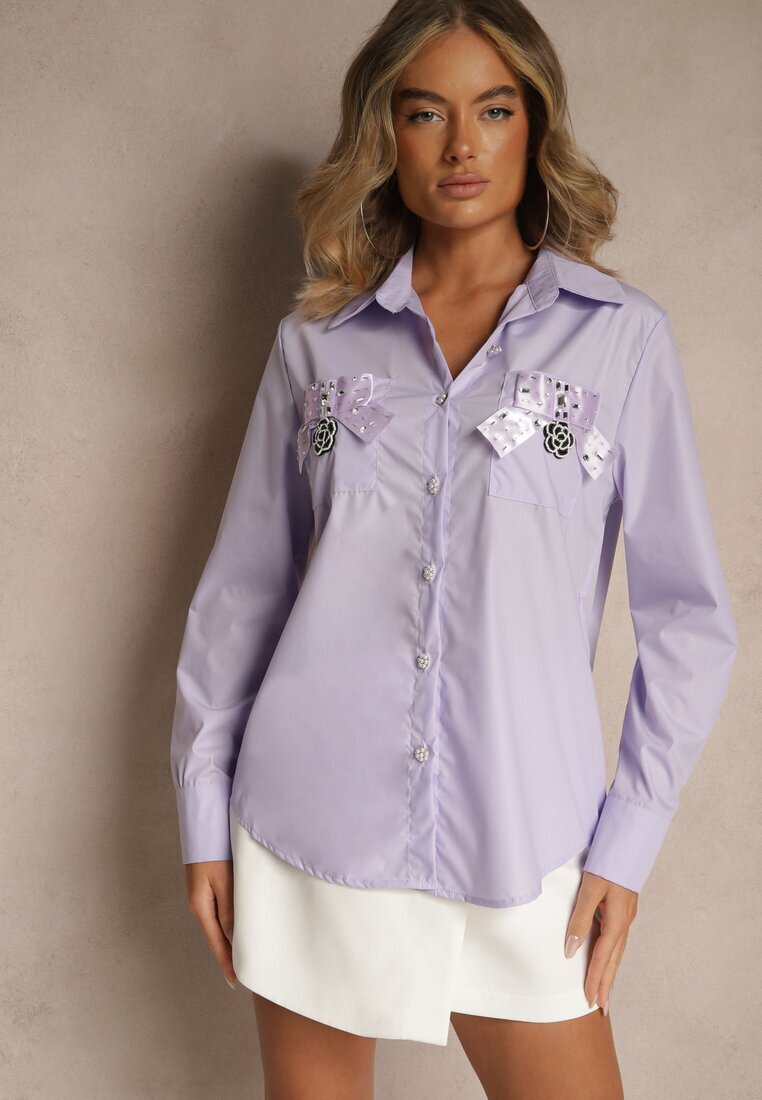 elsa.m by may Cămașă Clasic Violet cu Buzunare Decorată cu Strasuri și Detaliu Floral Herlla