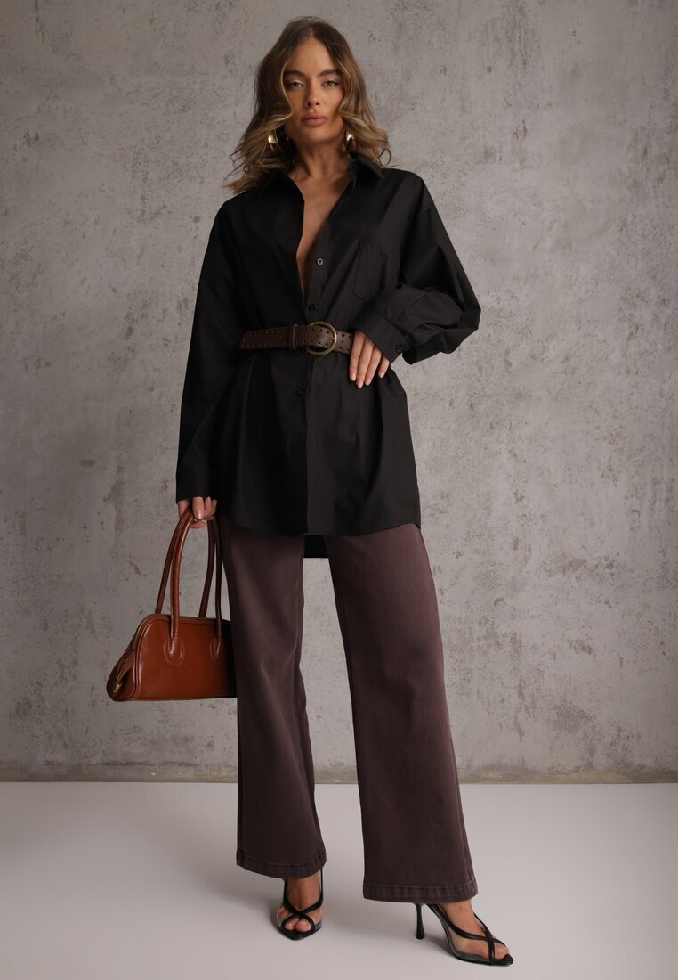 elsa.m by may Cămașă Neagră Bumbac-Vâscoză cu Croială Lungă Oversize cu Centură Tethys