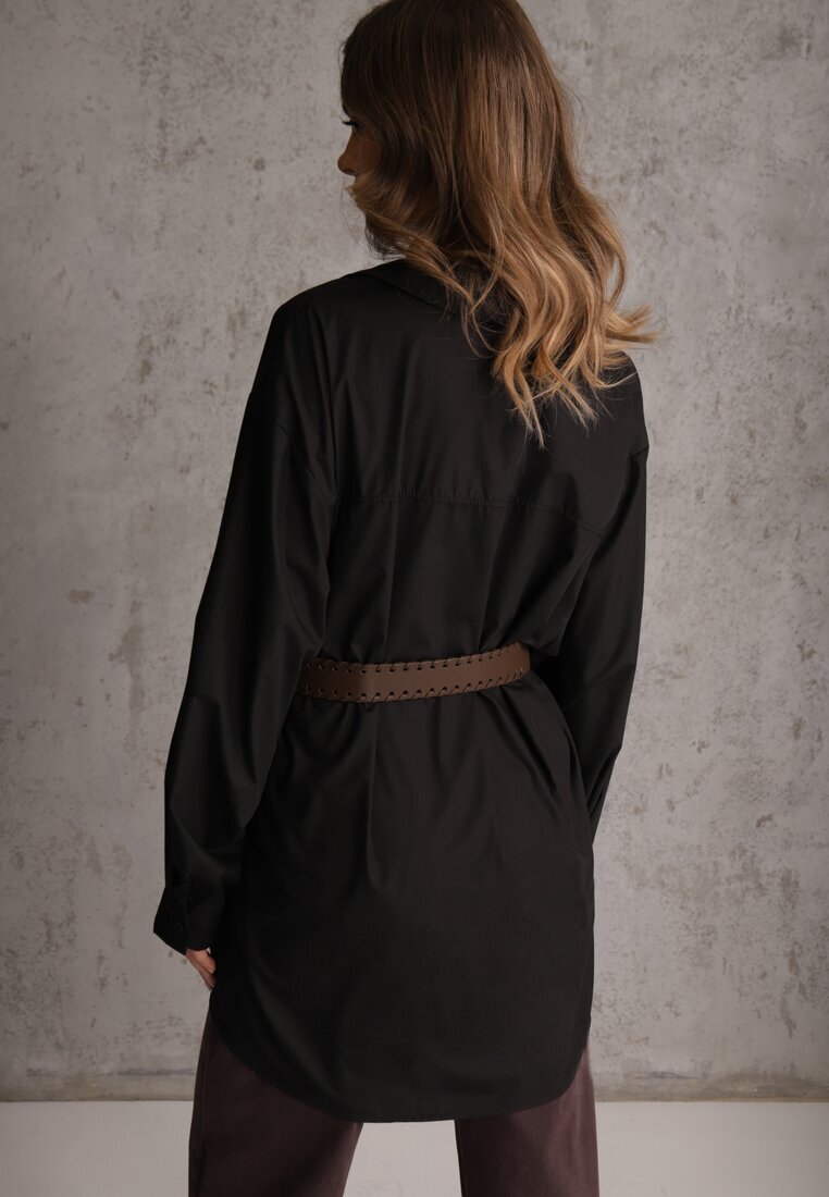elsa.m by may Cămașă Neagră Bumbac-Vâscoză cu Croială Lungă Oversize cu Centură Tethys