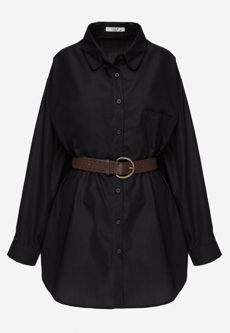 elsa.m by may Cămașă Neagră Bumbac-Vâscoză cu Croială Lungă Oversize cu Centură Tethys