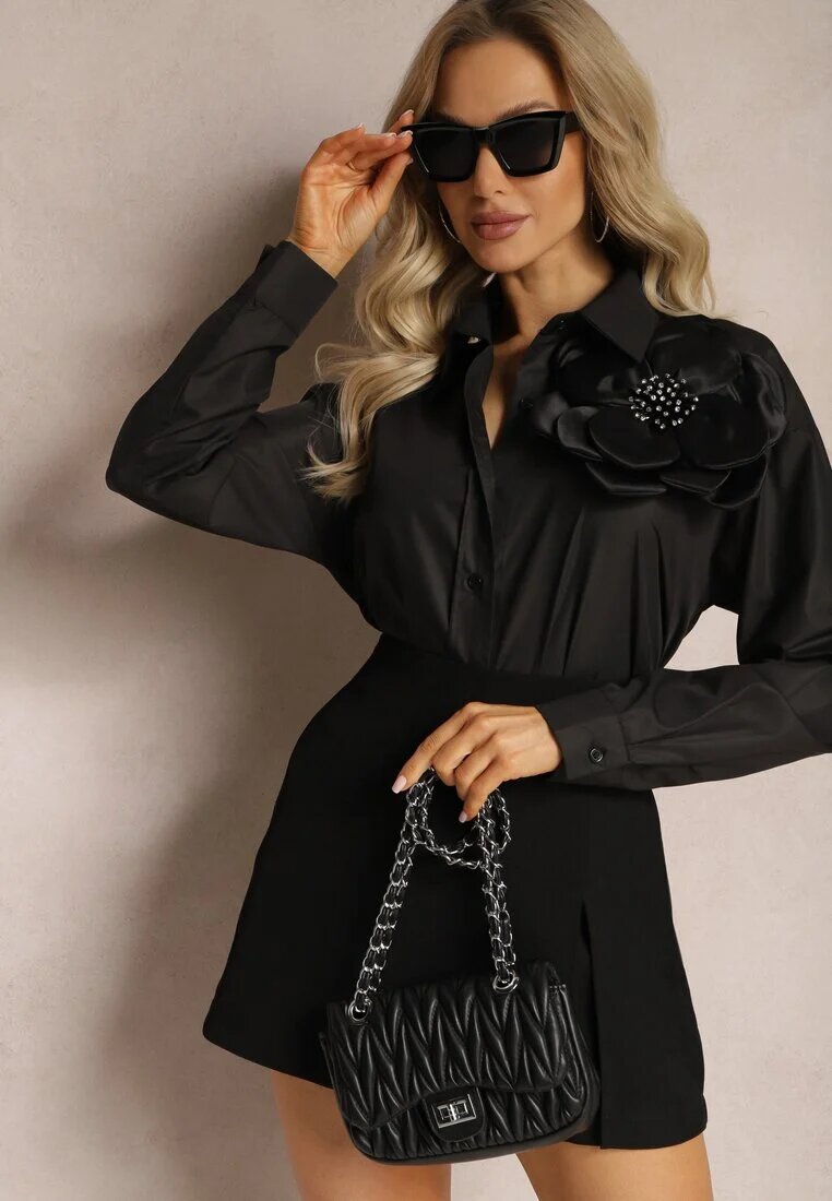 elsa.m by may Cămașă Neagră Clasică cu Aplicație 3D cu Motiv Floral Xirena