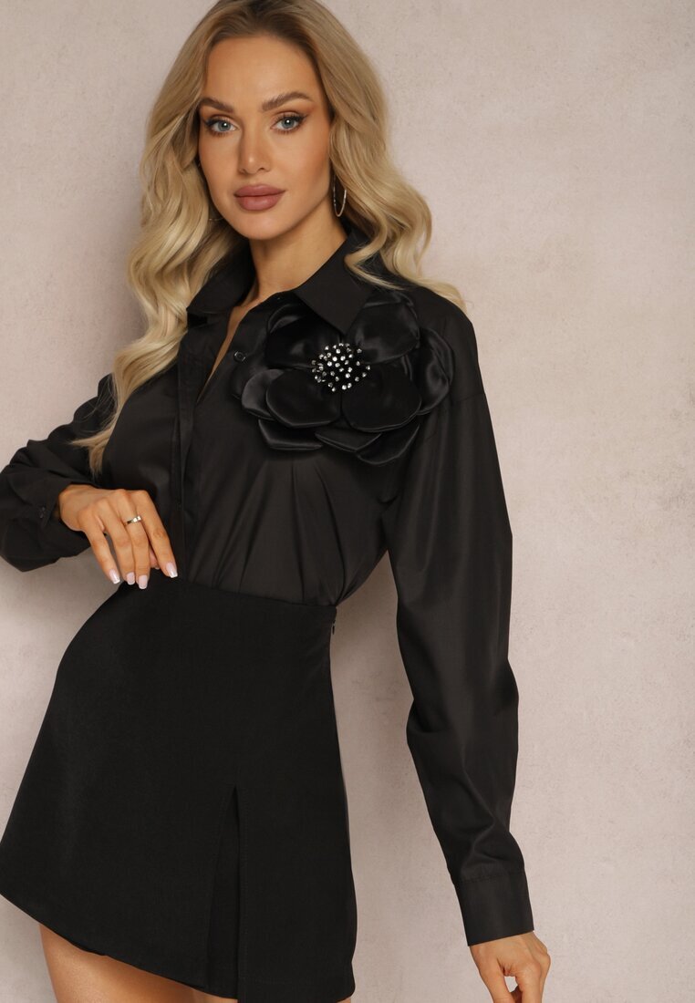 elsa.m by may Cămașă Neagră Clasică cu Aplicație 3D cu Motiv Floral Xirena