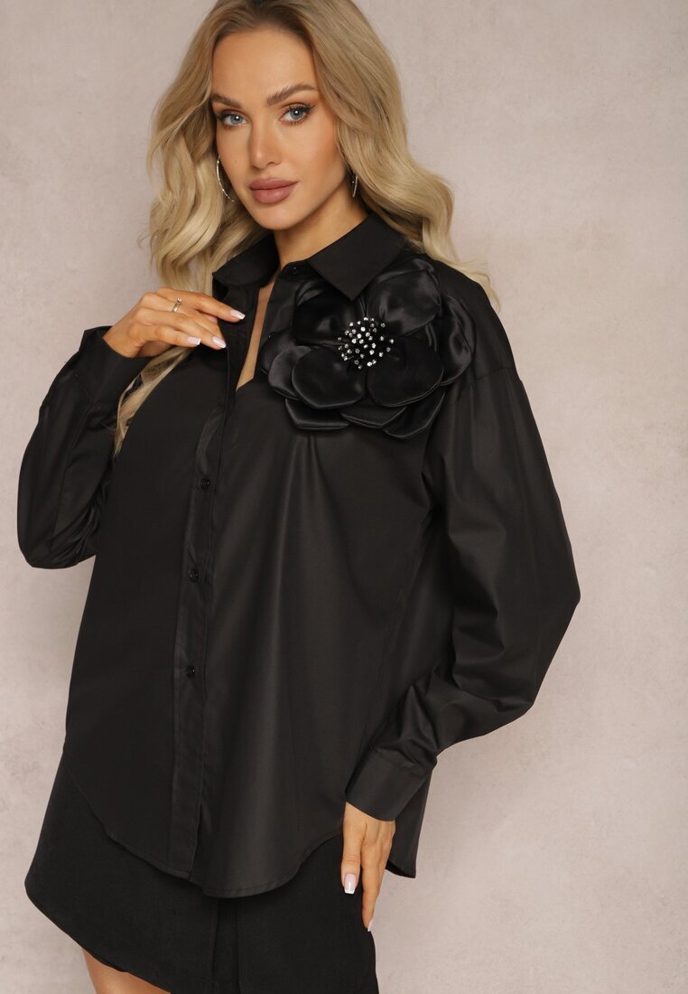 elsa.m by may Cămașă Neagră Clasică cu Aplicație 3D cu Motiv Floral Xirena