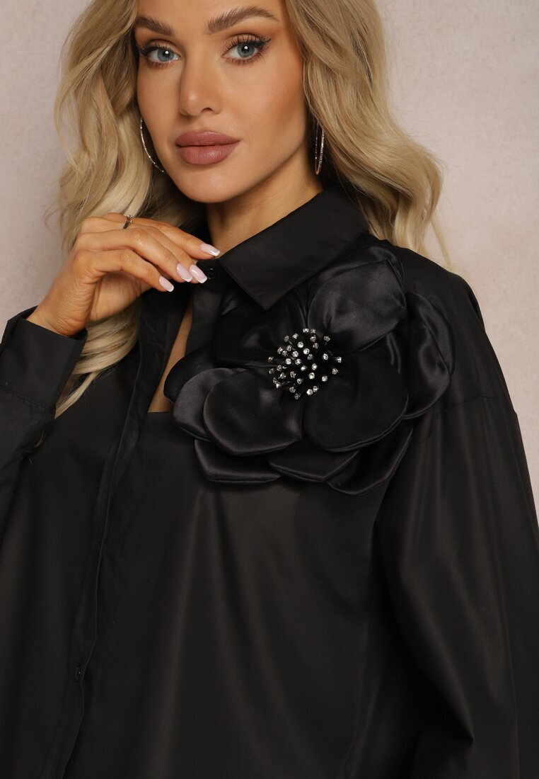 elsa.m by may Cămașă Neagră Clasică cu Aplicație 3D cu Motiv Floral Xirena