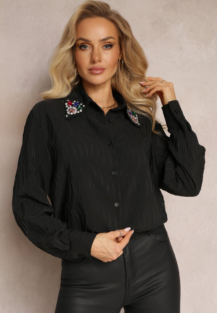 elsa.m by may Cămașă Neagră cu Cristale Decorative pe Guler Savila