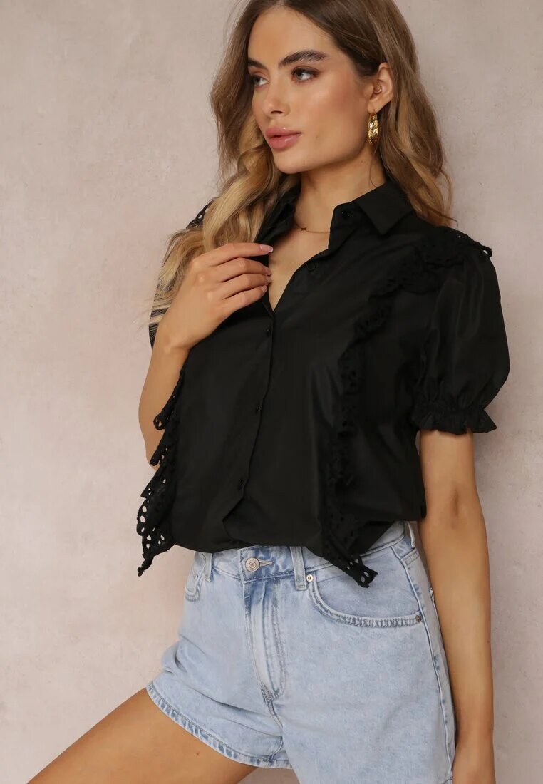 elsa.m by may Cămașă Neagră cu Mâneci Ornamentate și Volănașe în Față Johna