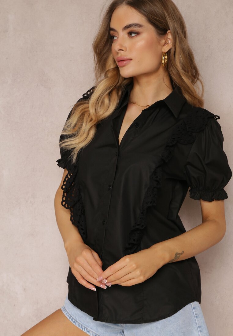 elsa.m by may Cămașă Neagră cu Mâneci Ornamentate și Volănașe în Față Johna