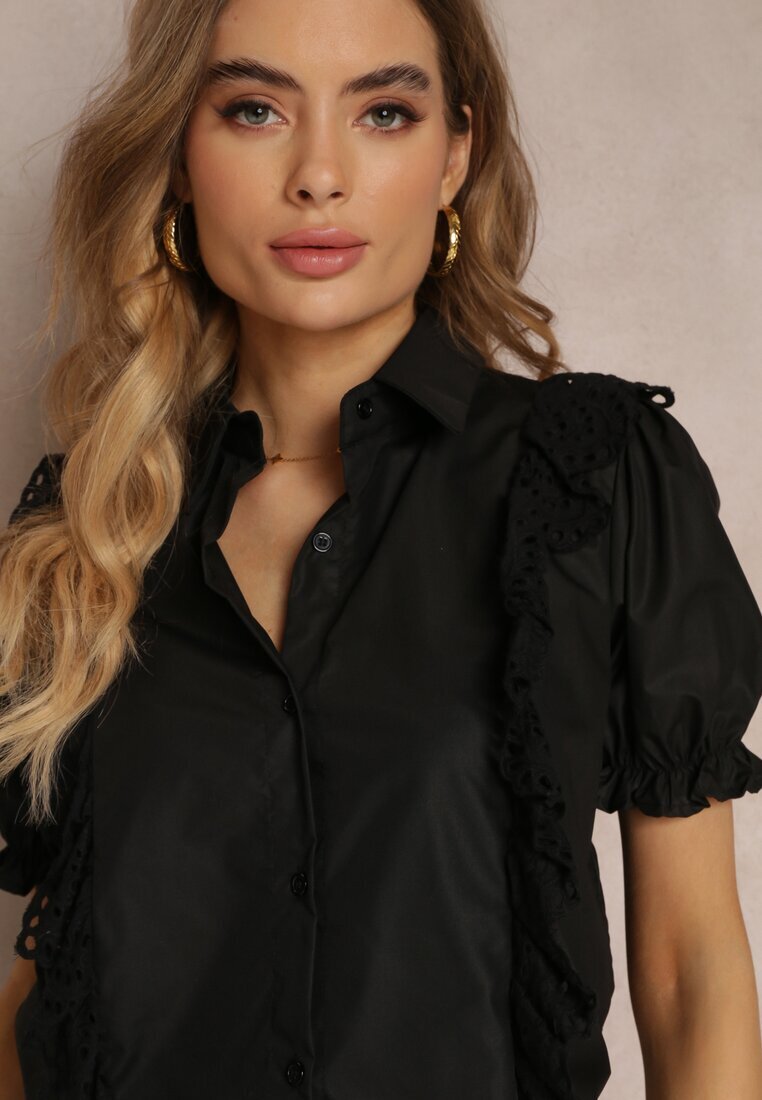 elsa.m by may Cămașă Neagră cu Mâneci Ornamentate și Volănașe în Față Johna