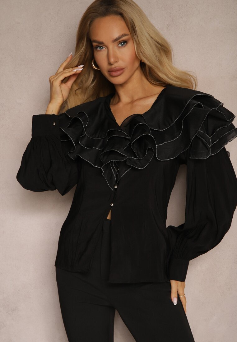elsa.m by may Cămașă Neagră De Seară cu Volane Decorative și Nasturi Lerellia