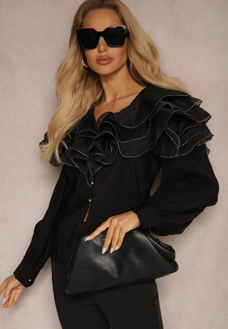 elsa.m by may Cămașă Neagră De Seară cu Volane Decorative și Nasturi Lerellia