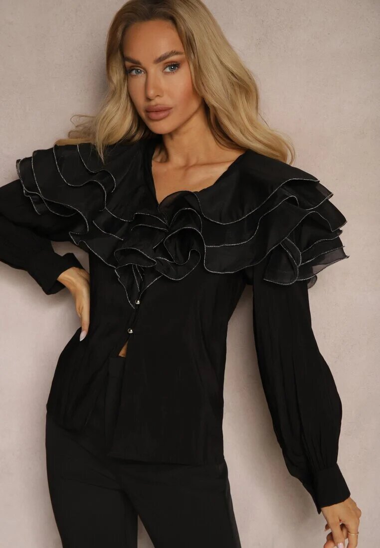 elsa.m by may Cămașă Neagră De Seară cu Volane Decorative și Nasturi Lerellia