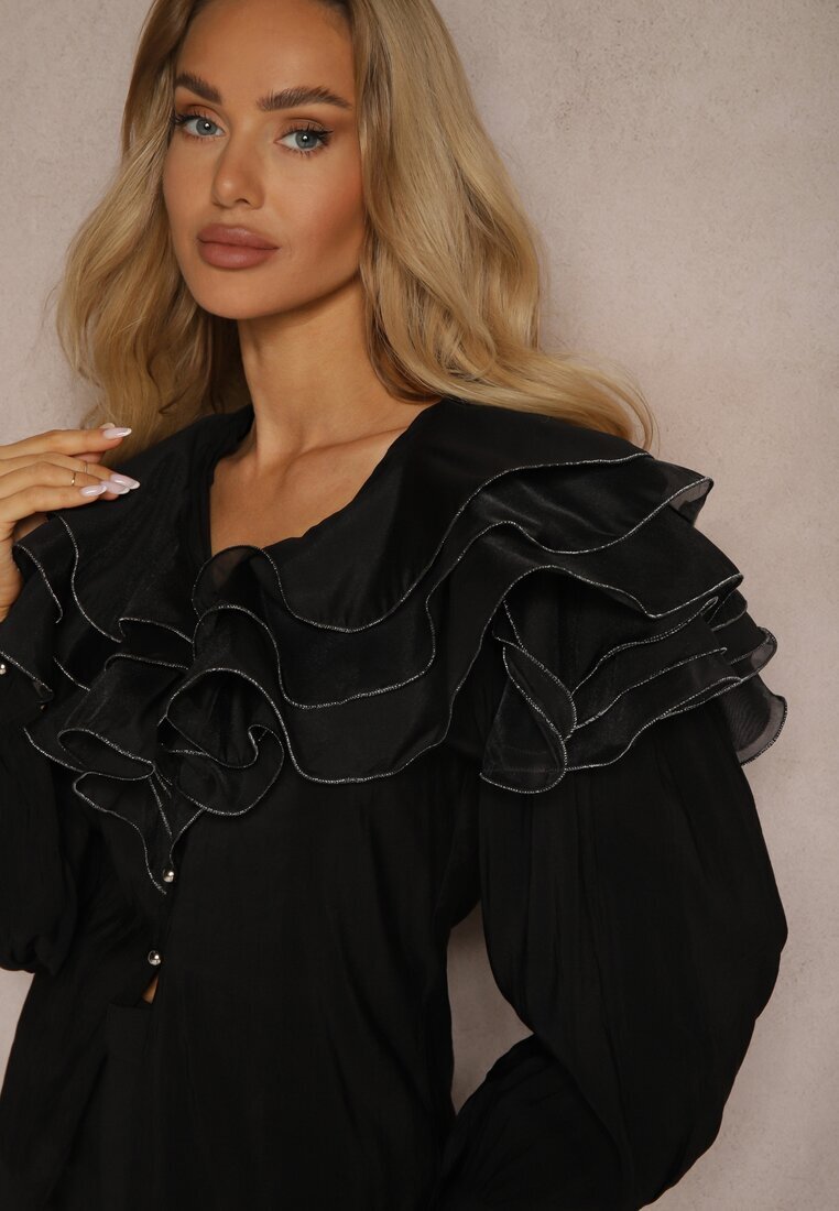 elsa.m by may Cămașă Neagră De Seară cu Volane Decorative și Nasturi Lerellia