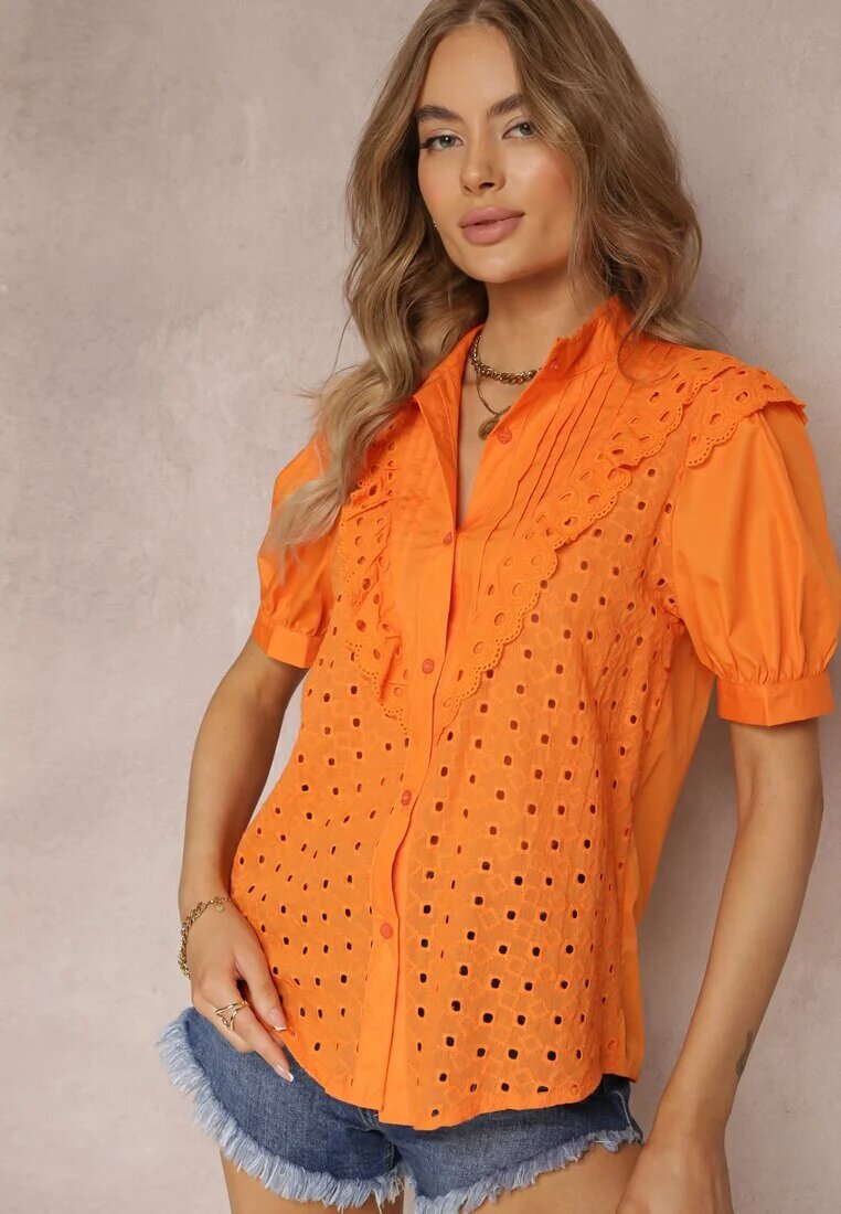 elsa.m by may Cămașă Portocalie din Țesătură din Dantelă cu Broderie și Guler tip tunică Mardellia