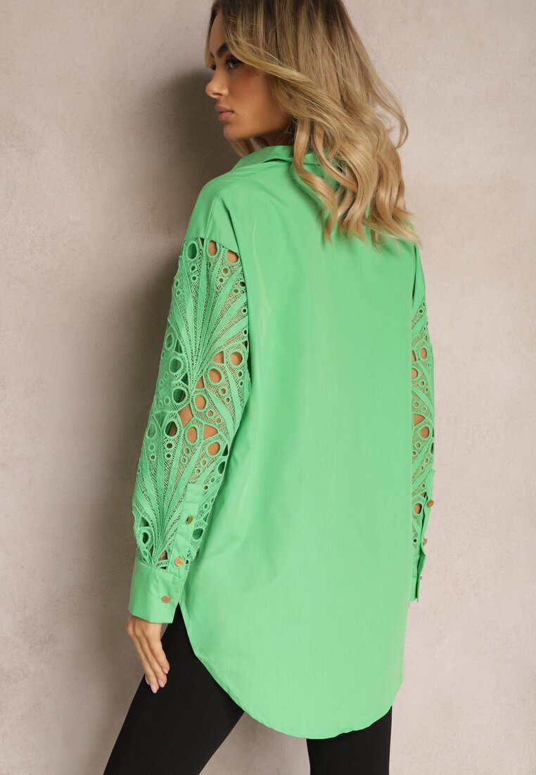 elsa.m by may Cămașă Verde cu o Croială Lejeră cu Inserții Ajurate la Mâneci Nasira