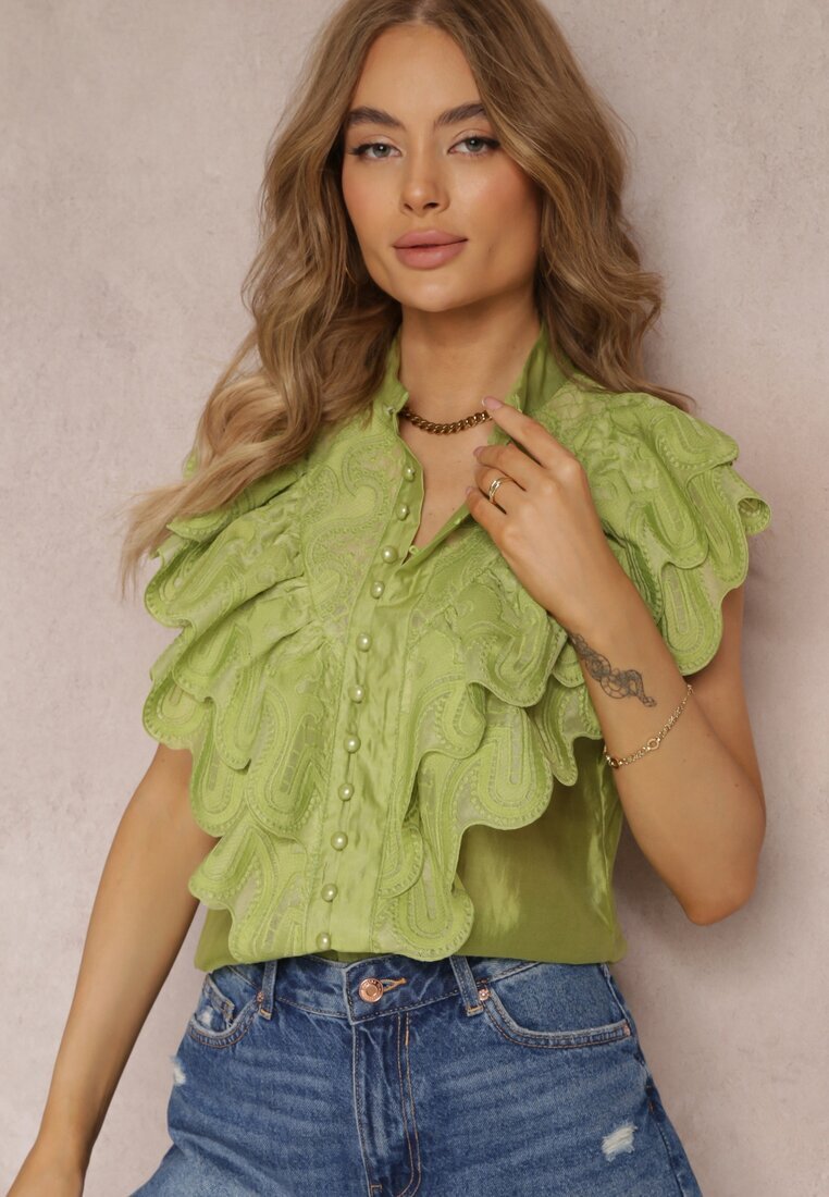 elsa.m by may Cămașă Verde cu Volane Largi în Față și pe Umeri Clioni