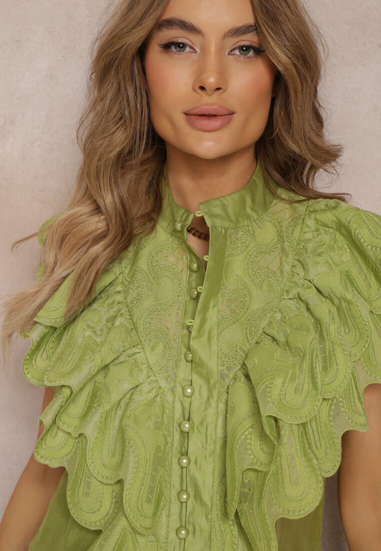 elsa.m by may Cămașă Verde cu Volane Largi în Față și pe Umeri Clioni
