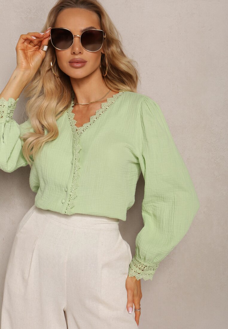 elsa.m by may Cămașă Verde de Bumbac cu decolteu triunghiular încheiată cu nasturi decorată cu dantelă Salmattera