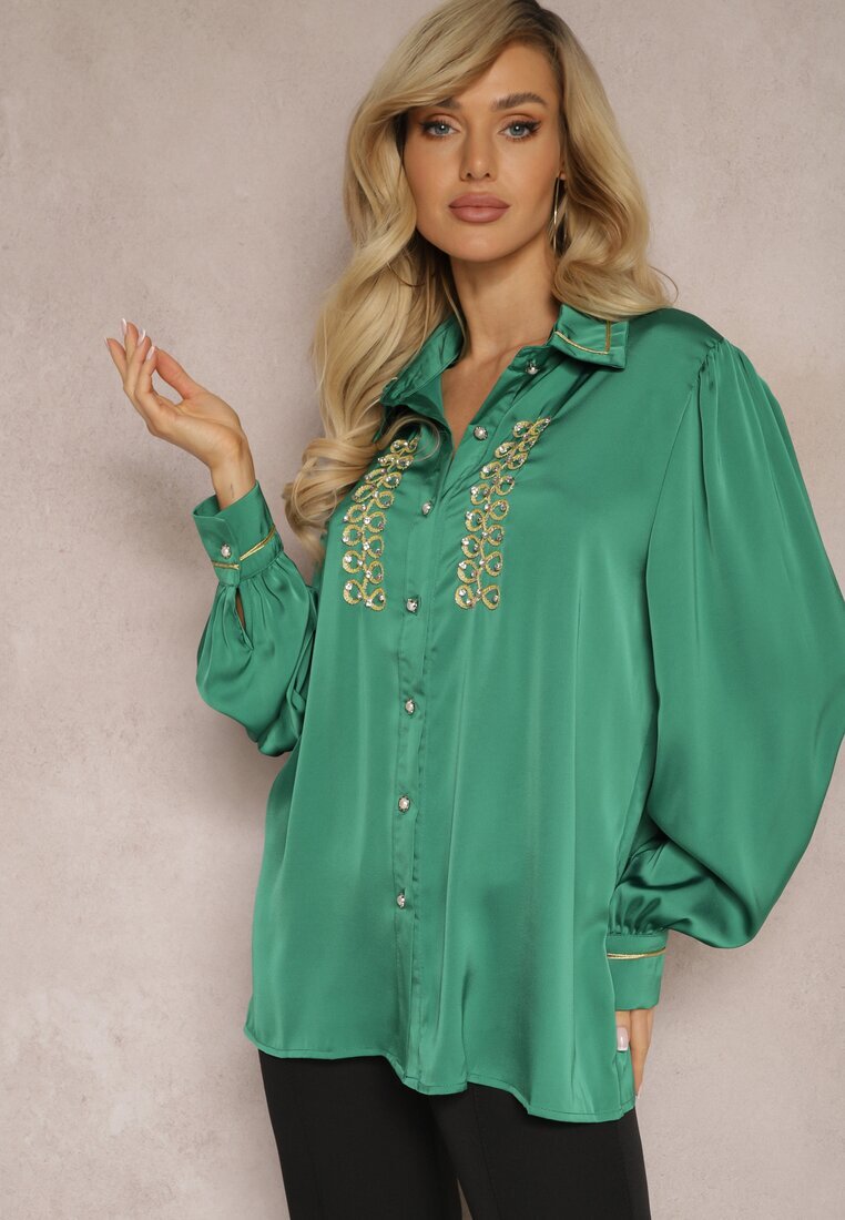 elsa.m by may Cămașă Verde de Satin cu Zirconii Perle și Guler Dokeria