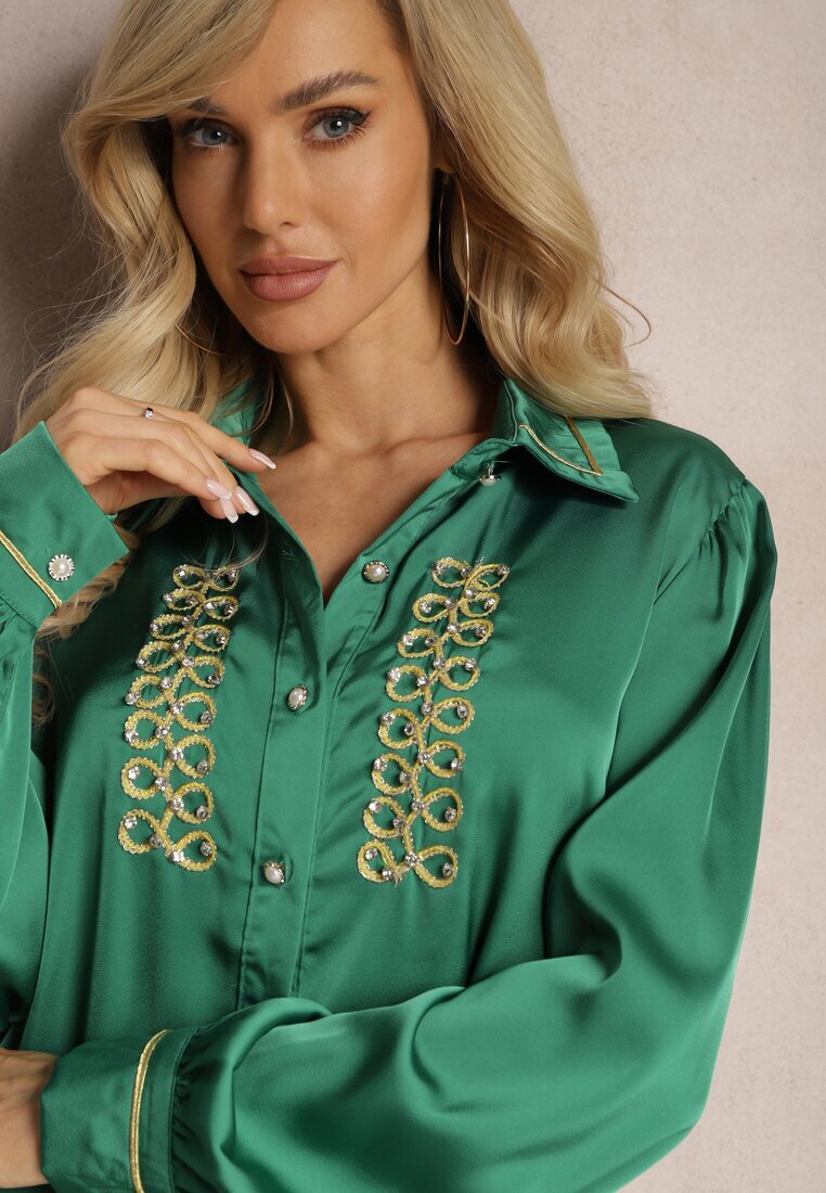 elsa.m by may Cămașă Verde de Satin cu Zirconii Perle și Guler Dokeria