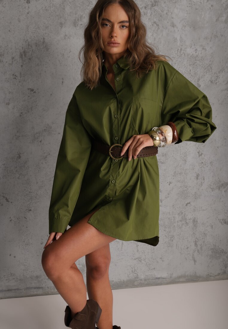 elsa.m by may Cămașă Verde din bumbac și viscoză croială lungă oversize cu curea Tethys