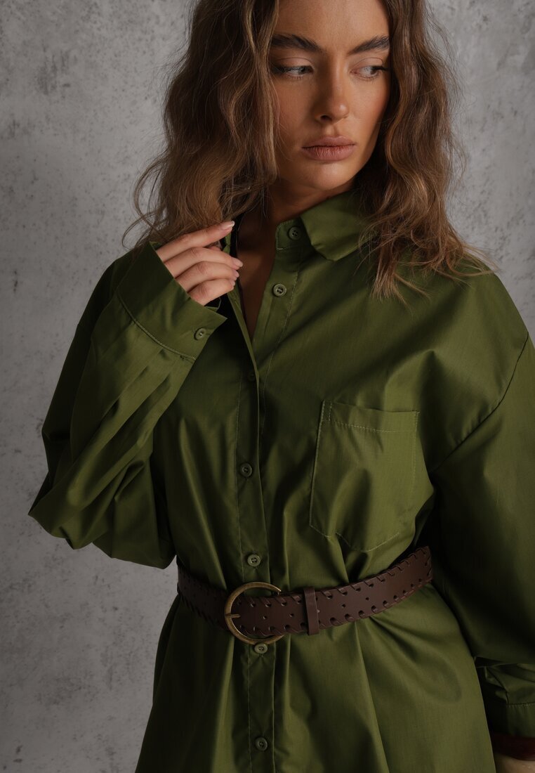 elsa.m by may Cămașă Verde din bumbac și viscoză croială lungă oversize cu curea Tethys