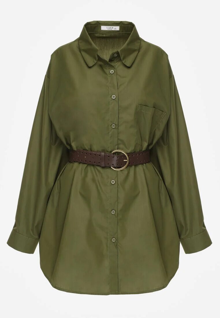 elsa.m by may Cămașă Verde din bumbac și viscoză croială lungă oversize cu curea Tethys