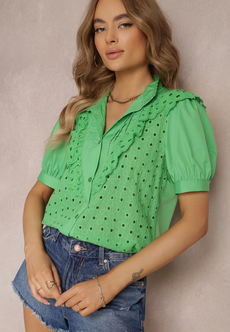 elsa.m by may Cămașă Verde din Țesătură de Dantelă cu Broderie și Guler Tunică Mardellia
