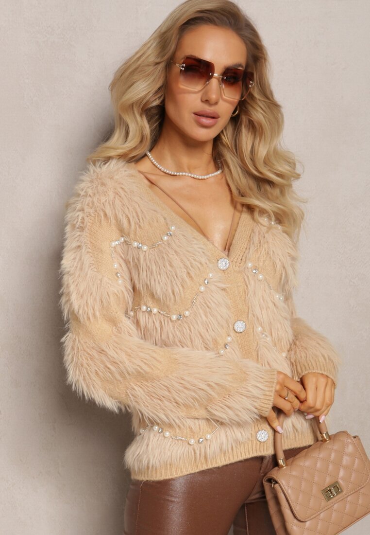 elsa.m by may Cardigan Bej cu puf mai lung cu perle și zirconii Aretina