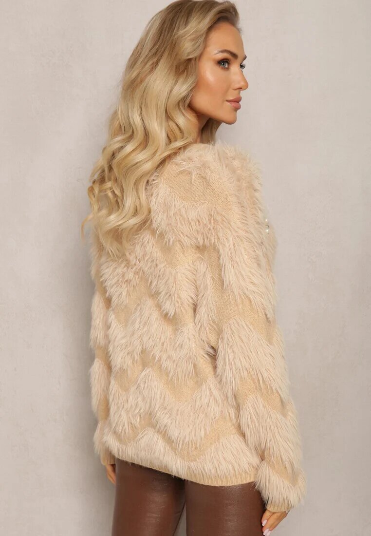 elsa.m by may Cardigan Bej cu puf mai lung cu perle și zirconii Aretina