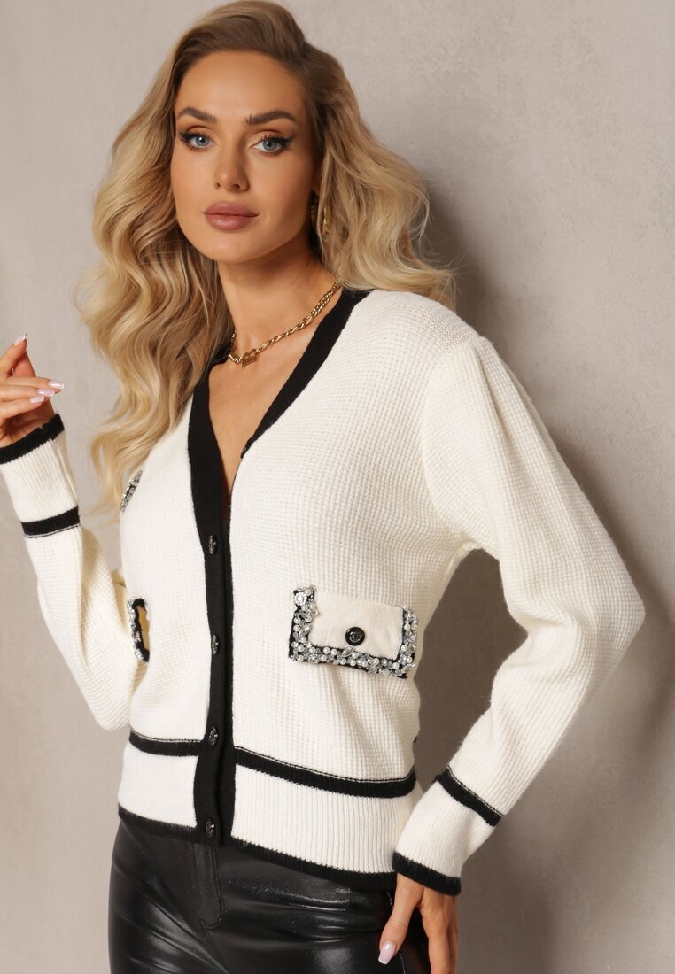 elsa.m by may Cardigan Bej Deschis Din Viscoză cu Bordură Contrastantă și Aplicații Narjee