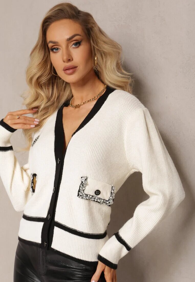 elsa.m by may Cardigan Bej Deschis Din Viscoză cu Bordură Contrastantă și Aplicații Narjee