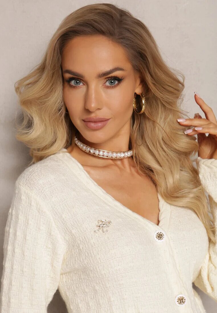 elsa.m by may Cardigan Bej deschis din Viscoză cu Bordură Decorativă și nasturi bijuterie Naeolla