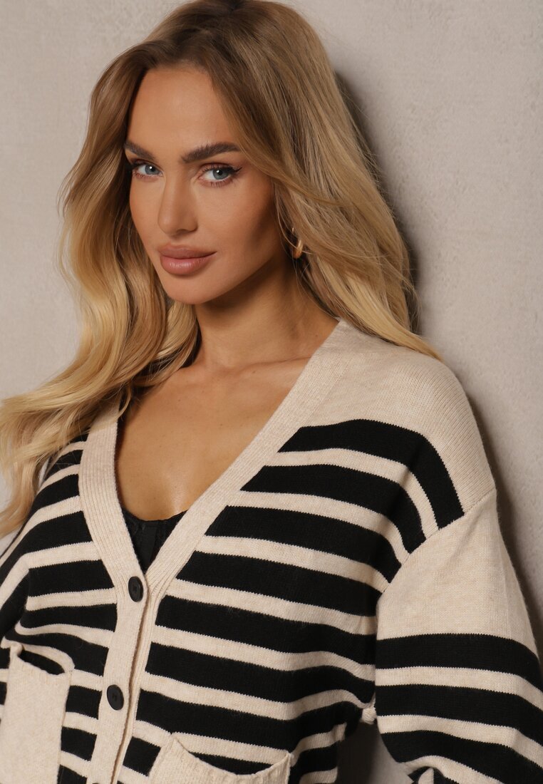 elsa.m by may Cardigan bej deschis încheiat în dungi din tricot de viscoză Filaria
